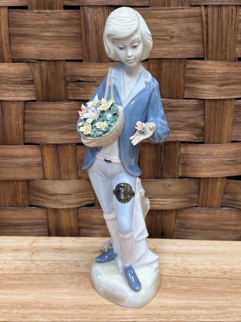 Porcelain Girl Figurine with Floral Basket - Blue & Pastel